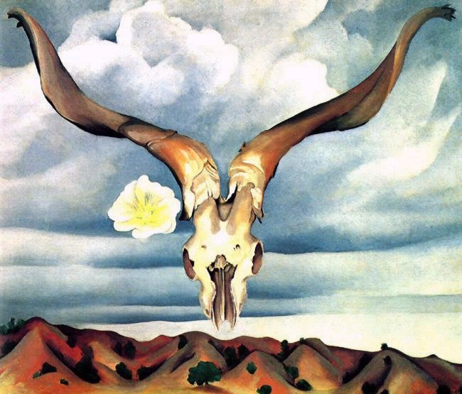Georgia O'Keeffe, Ram's Skull with Hollyhock, in 1935